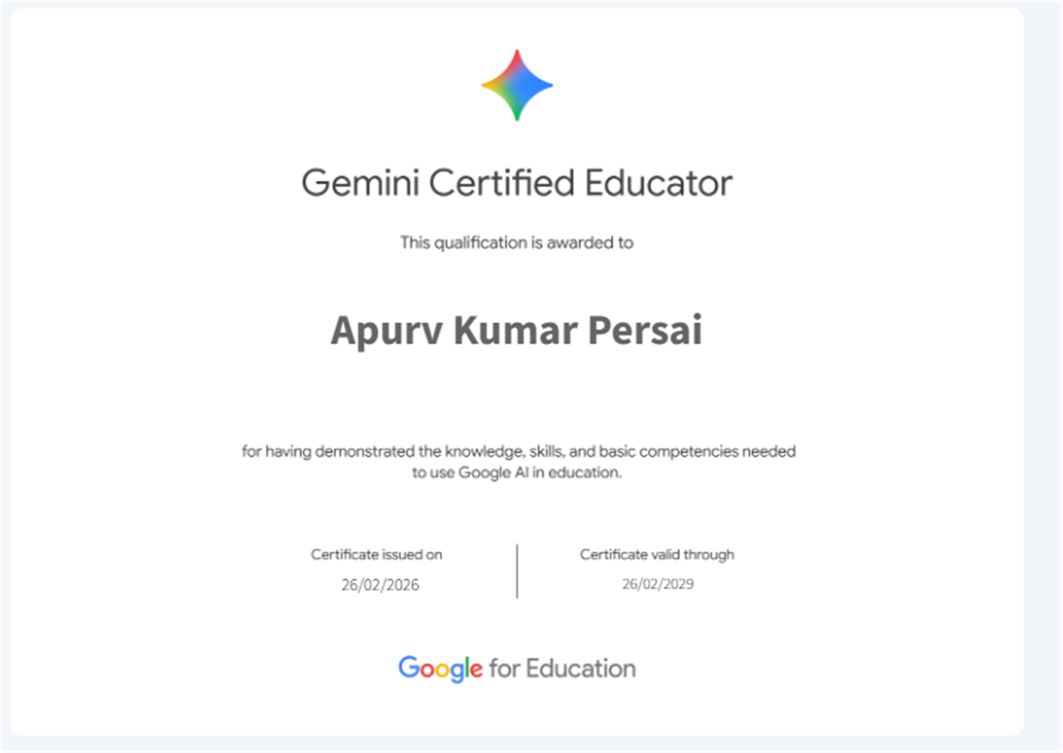 Apurv Kumar Persai - Gemini Certified Educator Certificate