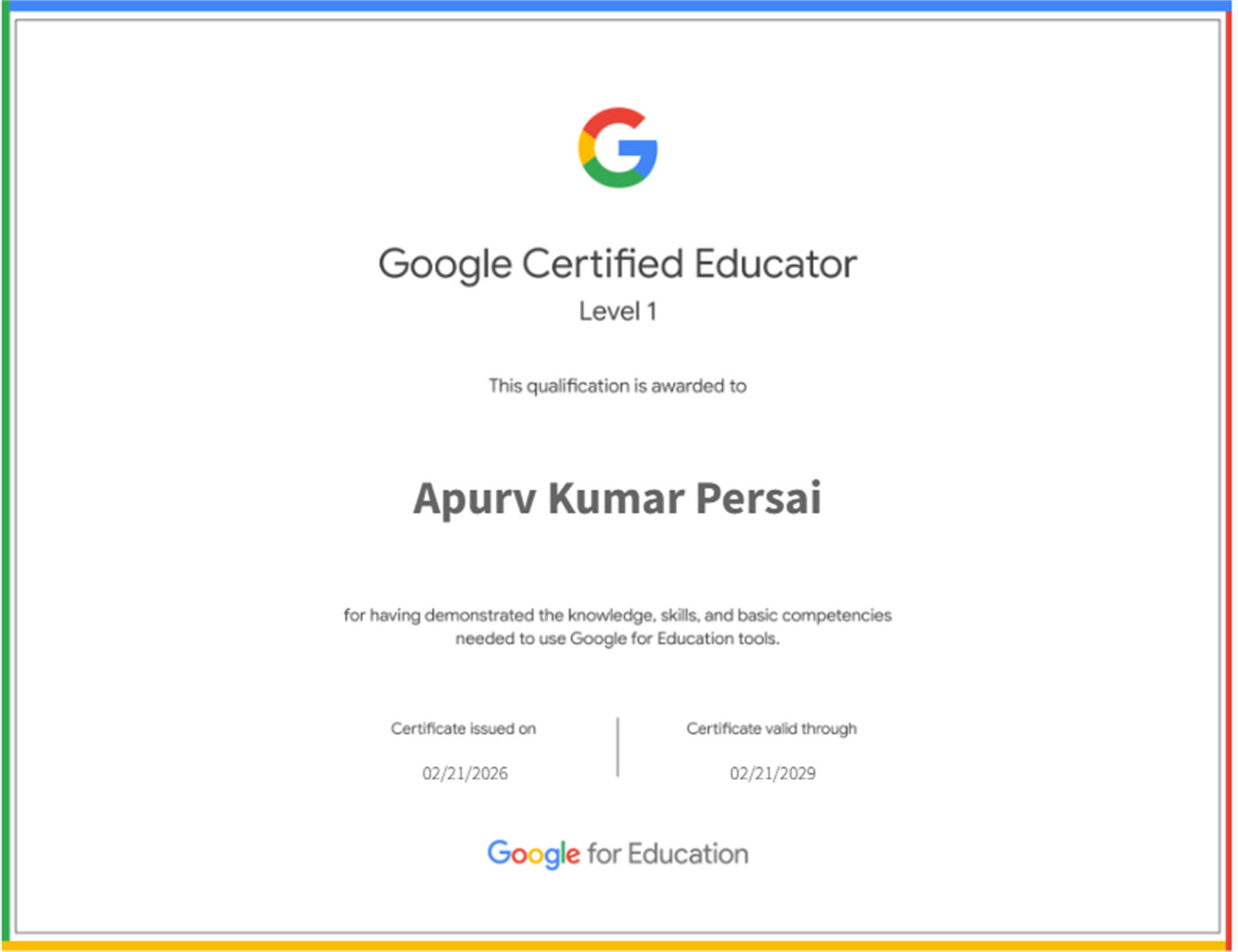 Apurv Kumar Persai - Google Certified Educator Level 1 Certificate