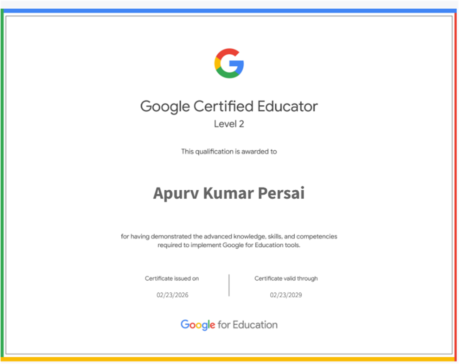 Apurv Kumar Persai - Google Certified Educator Level 2 Certificate