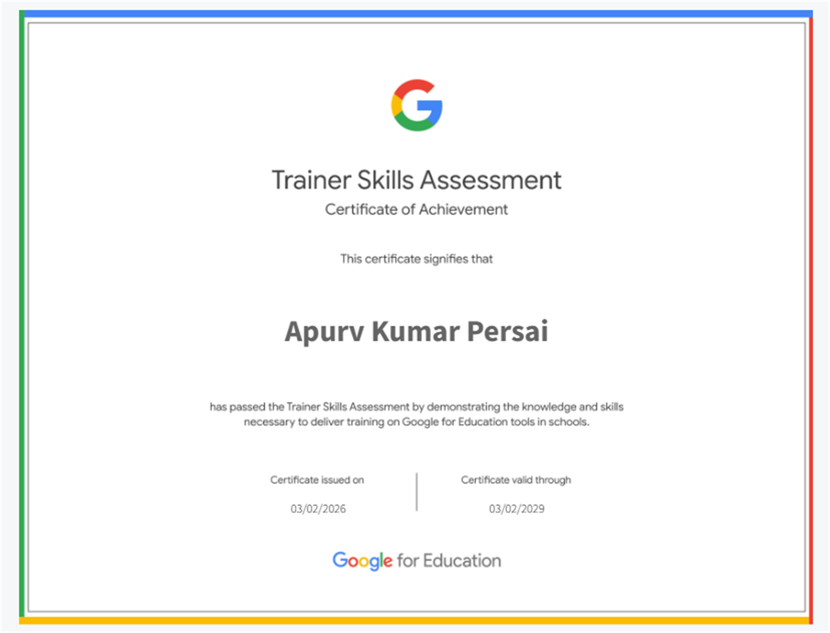 Apurv Kumar Persai - Trainer Skills Assessment Certificate